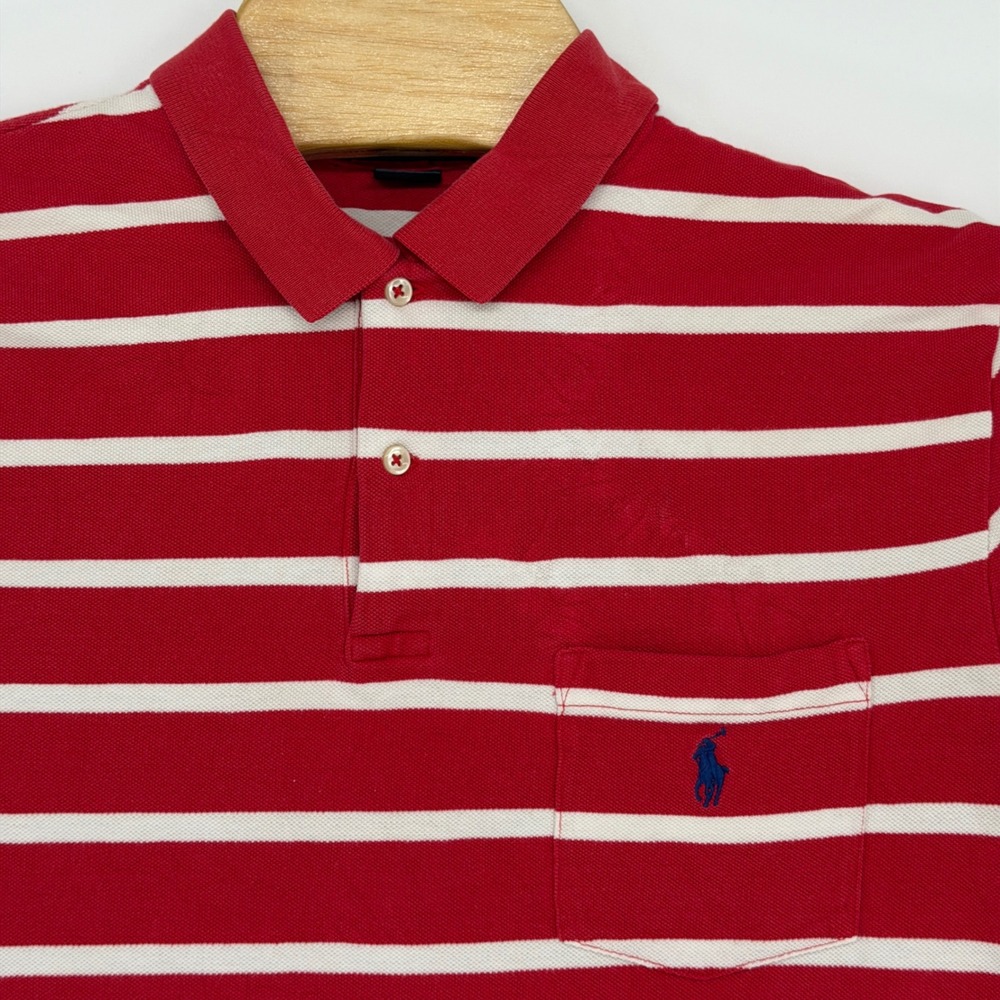 Polo Ralph Lauren Polo Shirt Men L Red White Striped Pique Cotton Pocket Pony